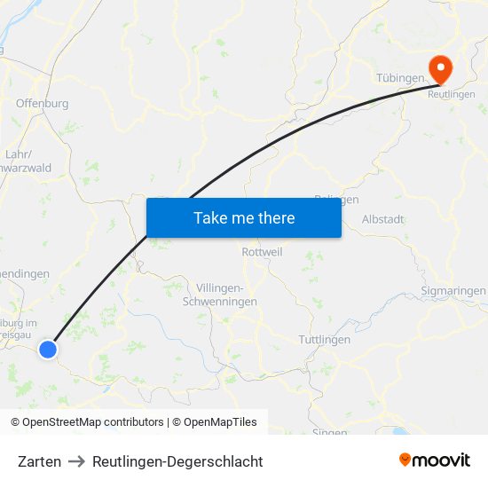 Zarten to Reutlingen-Degerschlacht map