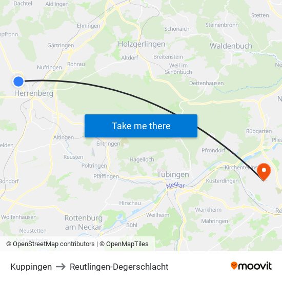 Kuppingen to Reutlingen-Degerschlacht map