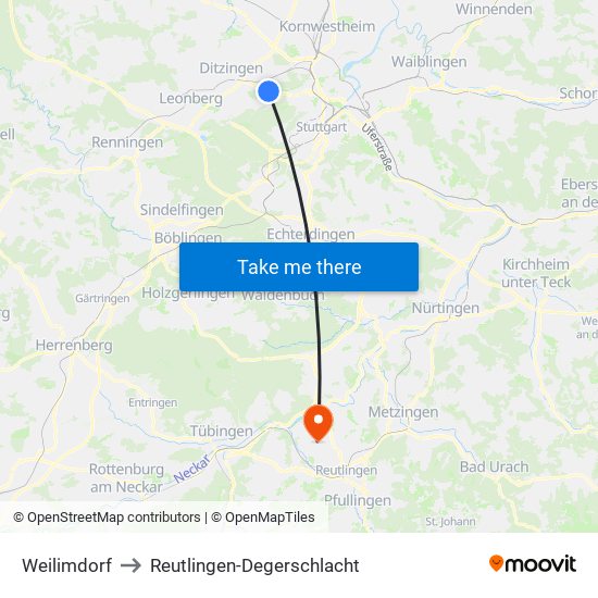 Weilimdorf to Reutlingen-Degerschlacht map