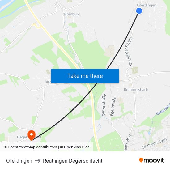 Oferdingen to Reutlingen-Degerschlacht map