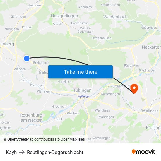 Kayh to Reutlingen-Degerschlacht map