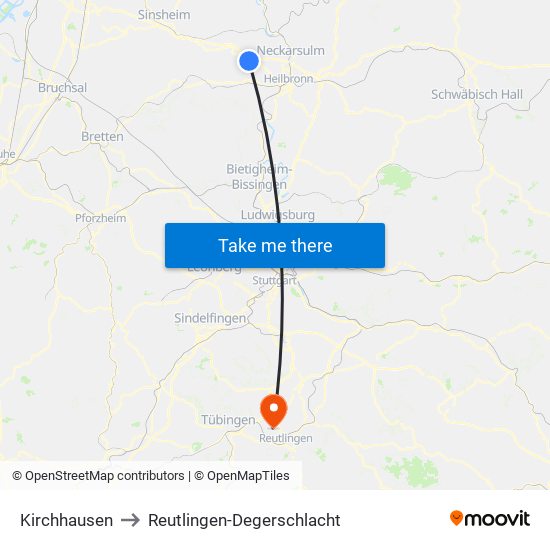 Kirchhausen to Reutlingen-Degerschlacht map