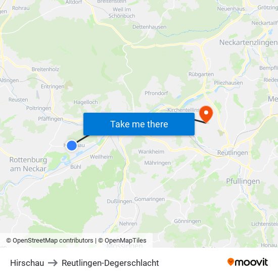 Hirschau to Reutlingen-Degerschlacht map