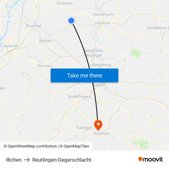 Richen to Reutlingen-Degerschlacht map