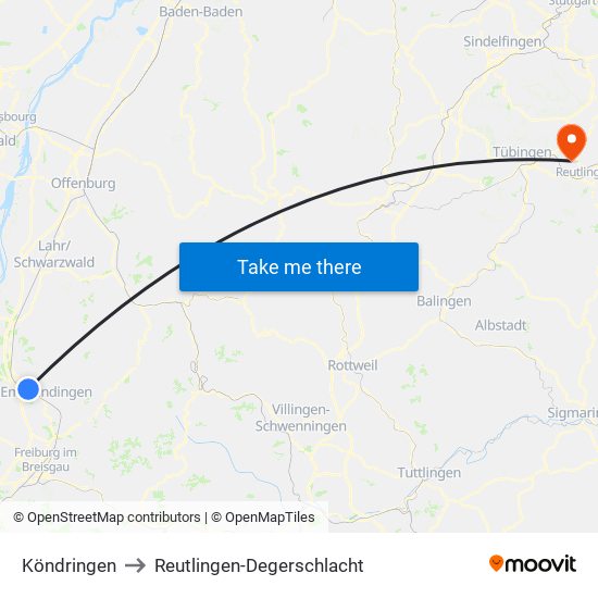 Köndringen to Reutlingen-Degerschlacht map