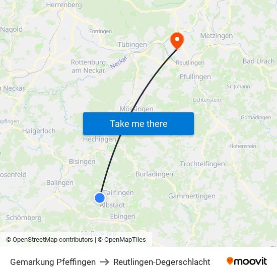 Gemarkung Pfeffingen to Reutlingen-Degerschlacht map