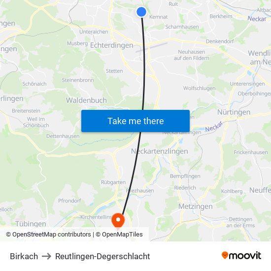 Birkach to Reutlingen-Degerschlacht map