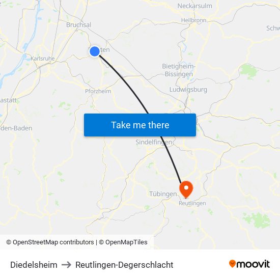 Diedelsheim to Reutlingen-Degerschlacht map
