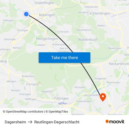 Dagersheim to Reutlingen-Degerschlacht map