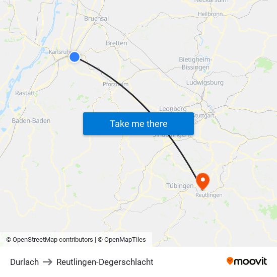 Durlach to Reutlingen-Degerschlacht map