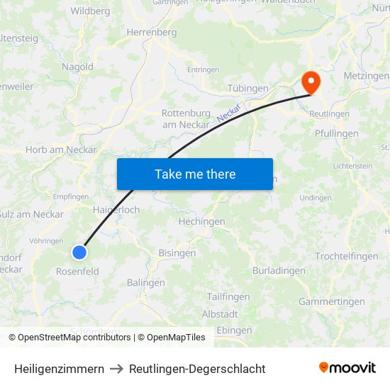 Heiligenzimmern to Reutlingen-Degerschlacht map