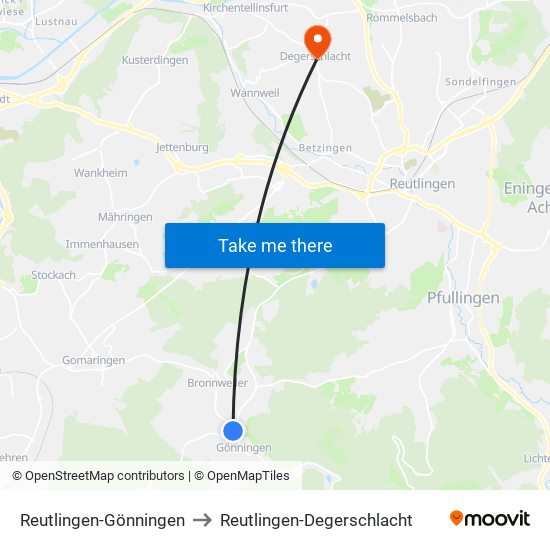 Reutlingen-Gönningen to Reutlingen-Degerschlacht map