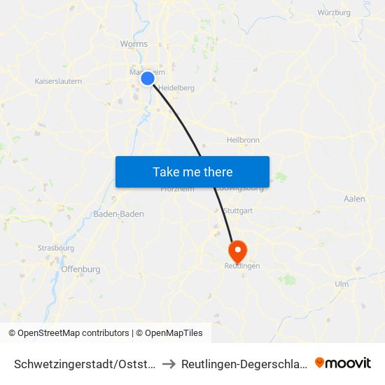 Schwetzingerstadt/Oststadt to Reutlingen-Degerschlacht map