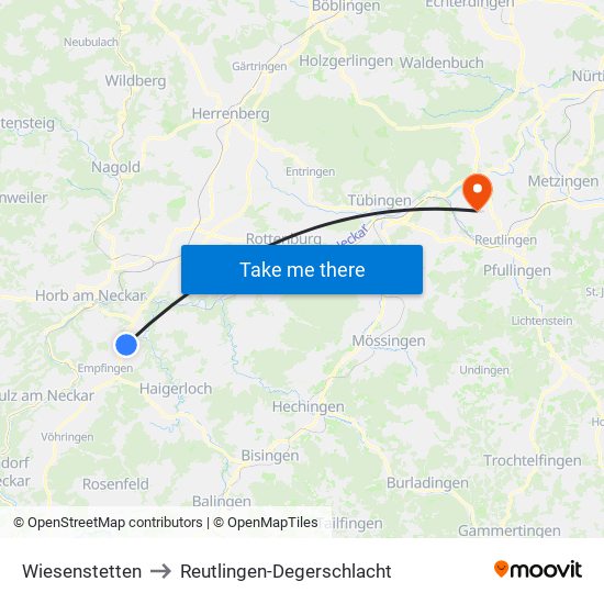 Wiesenstetten to Reutlingen-Degerschlacht map