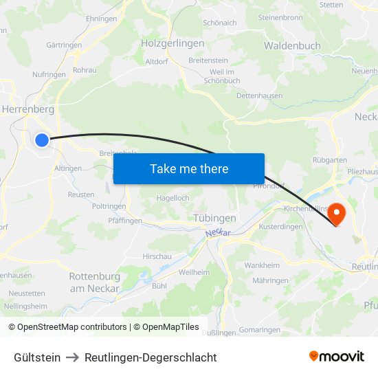 Gültstein to Reutlingen-Degerschlacht map