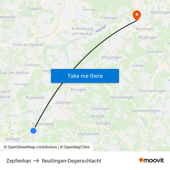 Zepfenhan to Reutlingen-Degerschlacht map