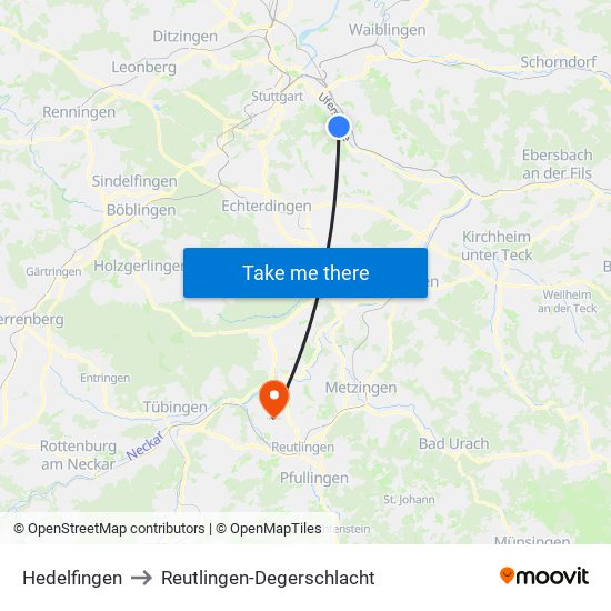 Hedelfingen to Reutlingen-Degerschlacht map