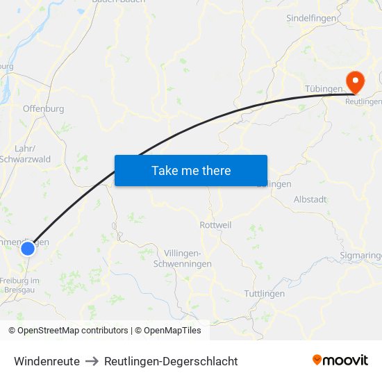 Windenreute to Reutlingen-Degerschlacht map