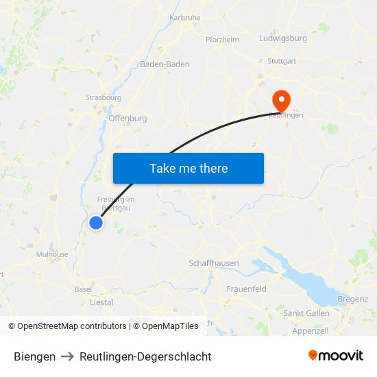 Biengen to Reutlingen-Degerschlacht map