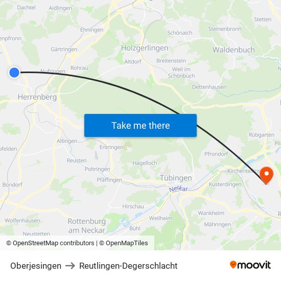 Oberjesingen to Reutlingen-Degerschlacht map