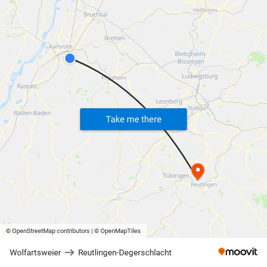 Wolfartsweier to Reutlingen-Degerschlacht map