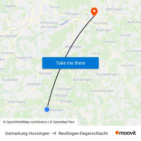 Gemarkung Hossingen to Reutlingen-Degerschlacht map