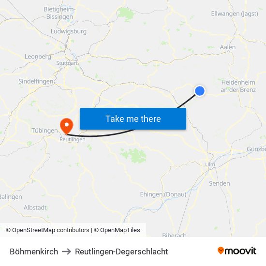 Böhmenkirch to Reutlingen-Degerschlacht map