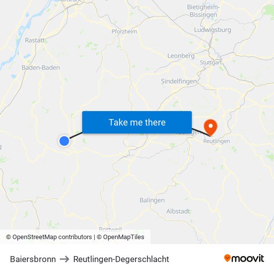 Baiersbronn to Reutlingen-Degerschlacht map