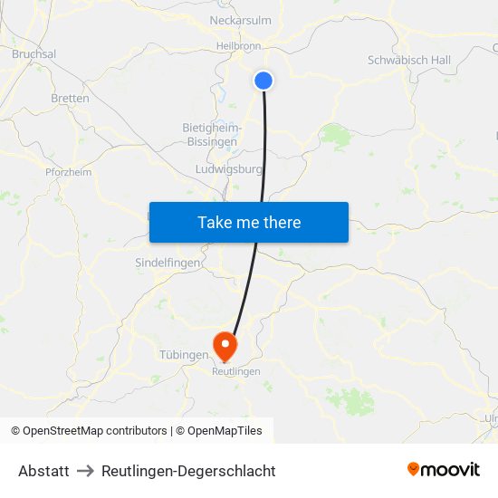 Abstatt to Reutlingen-Degerschlacht map