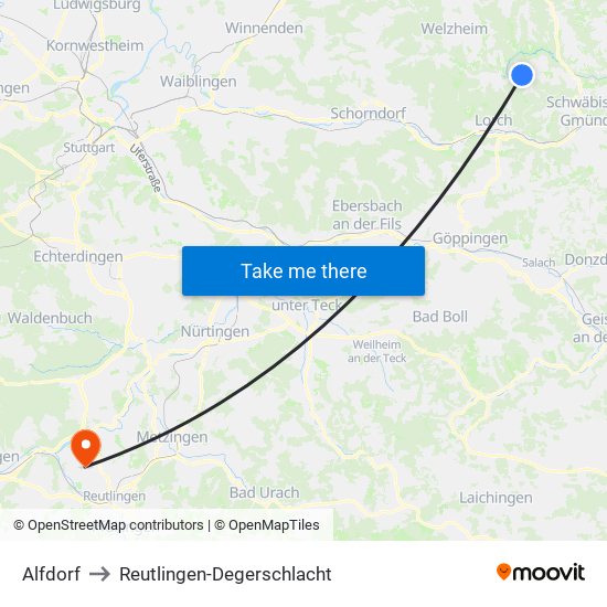Alfdorf to Reutlingen-Degerschlacht map