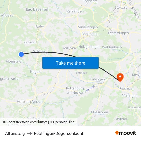 Altensteig to Reutlingen-Degerschlacht map