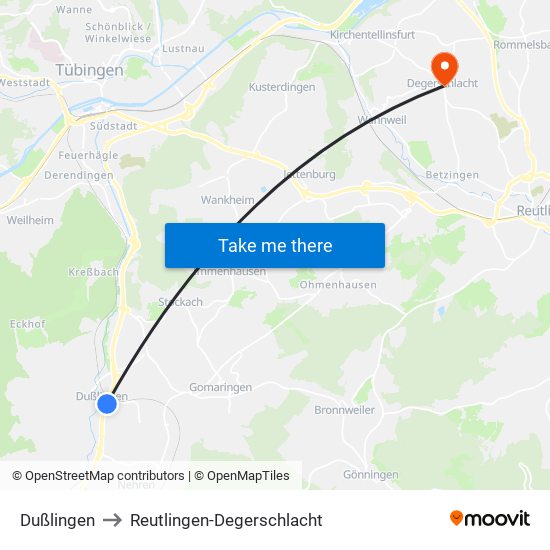 Dußlingen to Reutlingen-Degerschlacht map