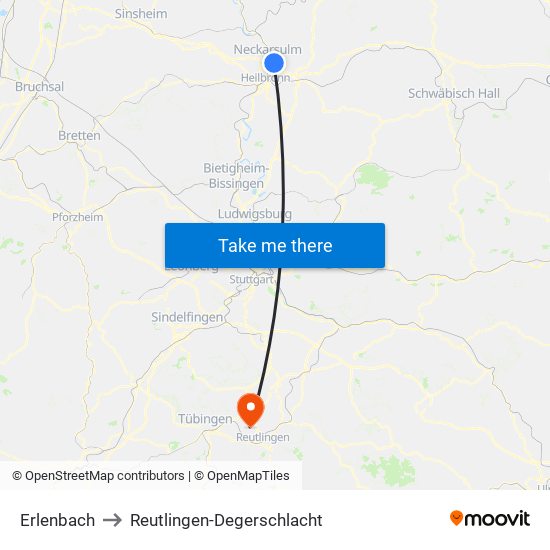 Erlenbach to Reutlingen-Degerschlacht map