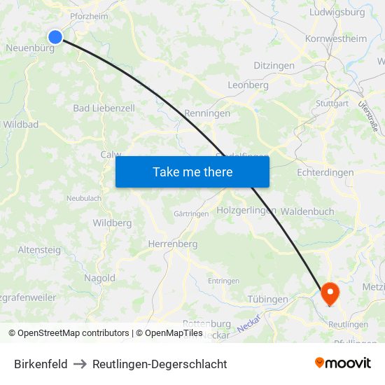 Birkenfeld to Reutlingen-Degerschlacht map