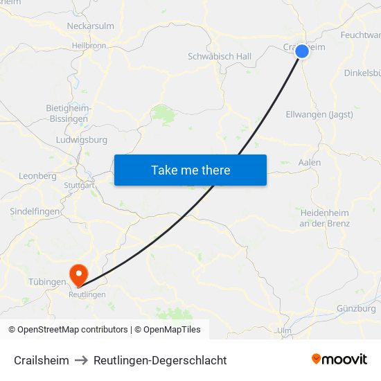 Crailsheim to Reutlingen-Degerschlacht map