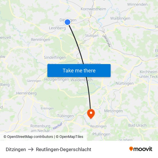 Ditzingen to Reutlingen-Degerschlacht map