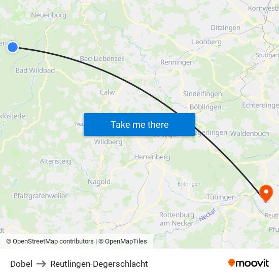 Dobel to Reutlingen-Degerschlacht map