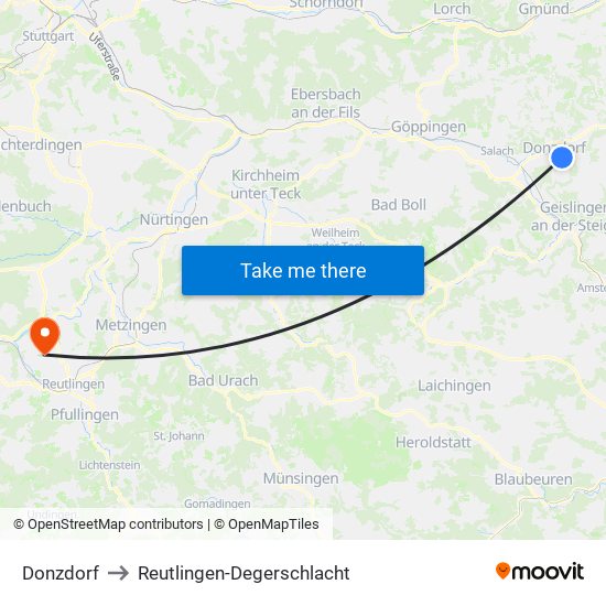 Donzdorf to Reutlingen-Degerschlacht map