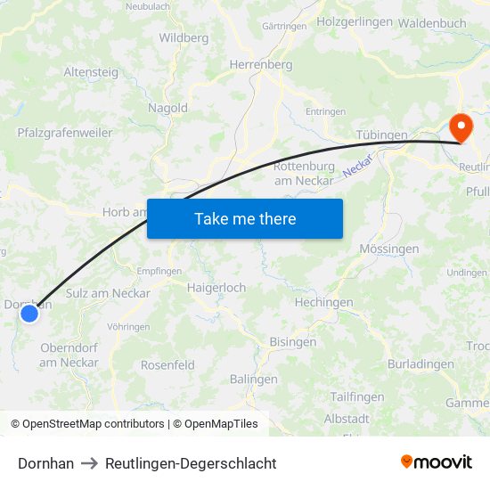 Dornhan to Reutlingen-Degerschlacht map