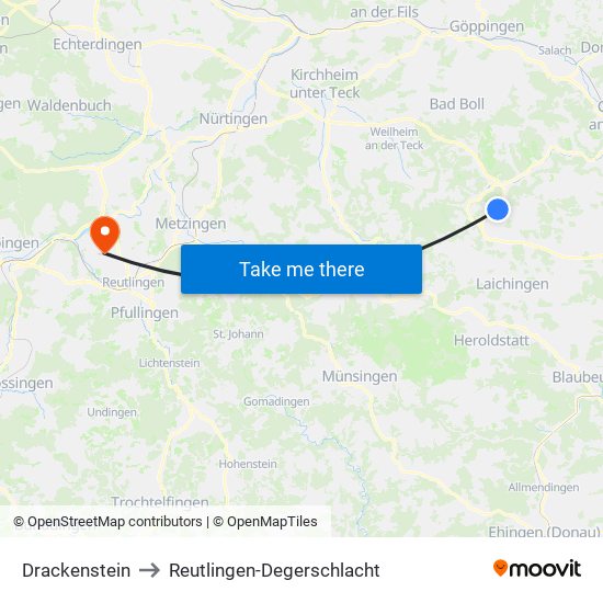 Drackenstein to Reutlingen-Degerschlacht map