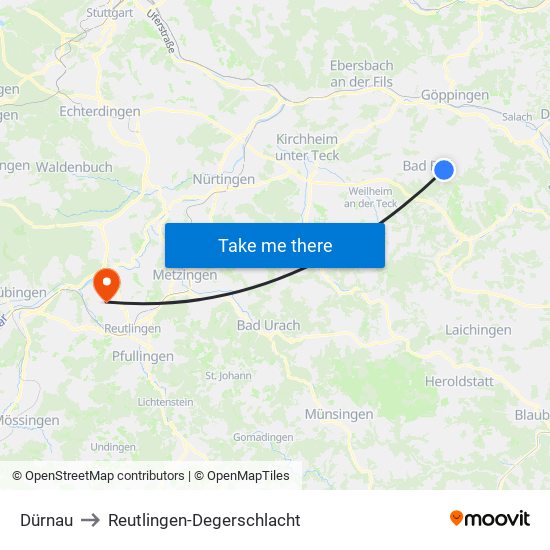 Dürnau to Reutlingen-Degerschlacht map