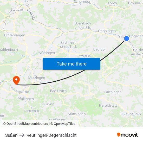 Süßen to Reutlingen-Degerschlacht map