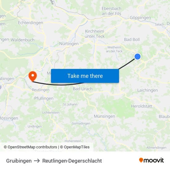 Gruibingen to Reutlingen-Degerschlacht map