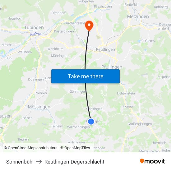 Sonnenbühl to Reutlingen-Degerschlacht map