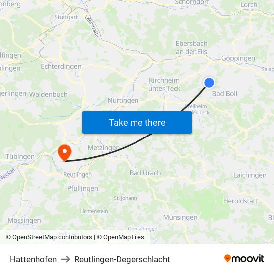 Hattenhofen to Reutlingen-Degerschlacht map