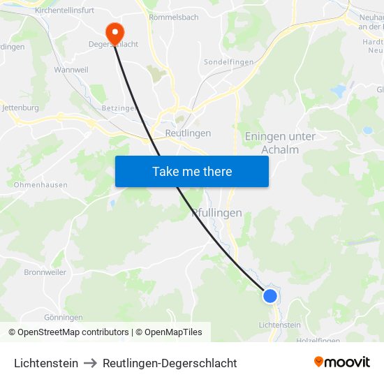 Lichtenstein to Reutlingen-Degerschlacht map