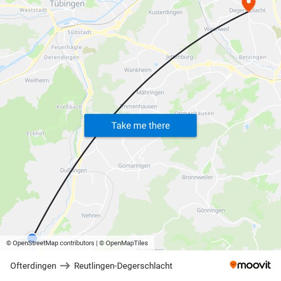 Ofterdingen to Reutlingen-Degerschlacht map