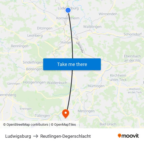 Ludwigsburg to Reutlingen-Degerschlacht map