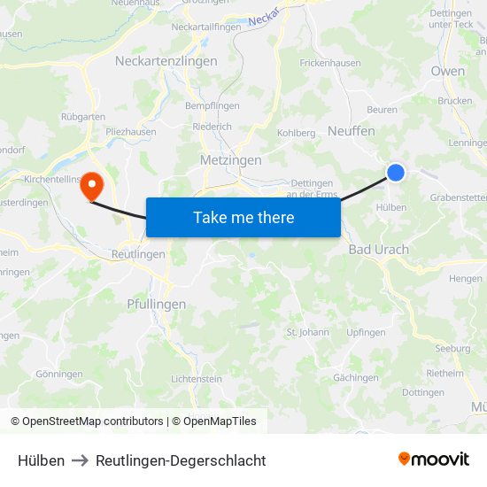Hülben to Reutlingen-Degerschlacht map