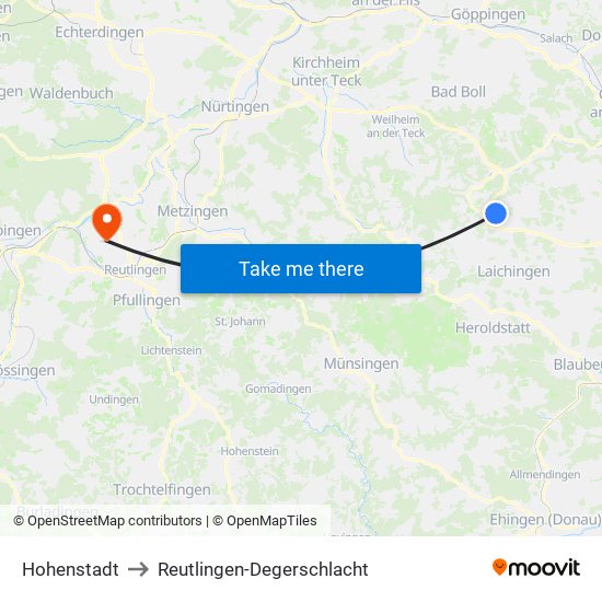 Hohenstadt to Reutlingen-Degerschlacht map